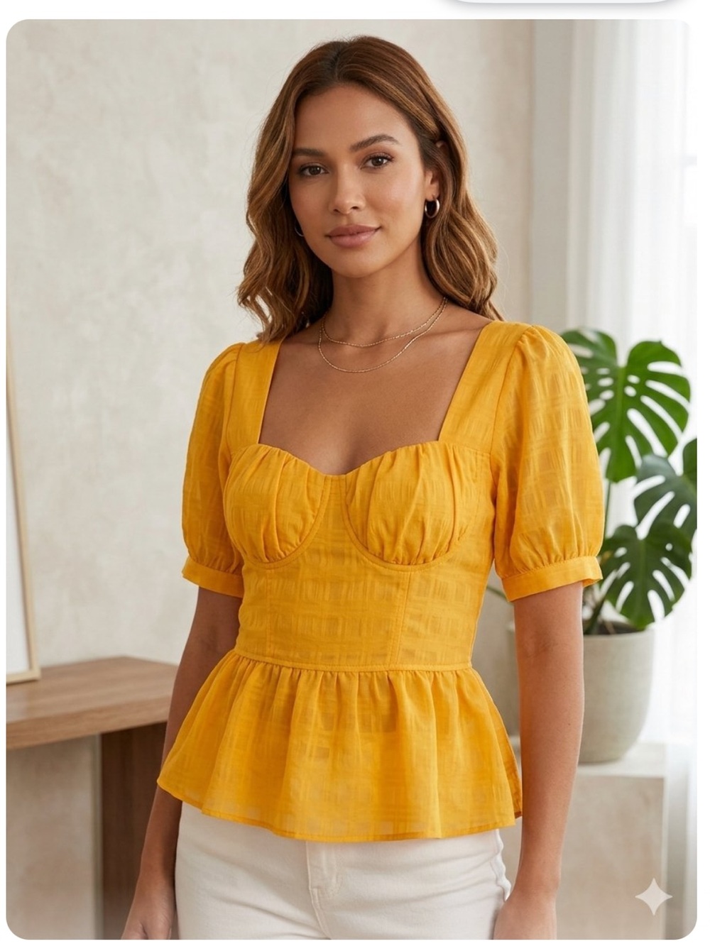👗Haute Monde Yellow Peplum Sweetheart Top